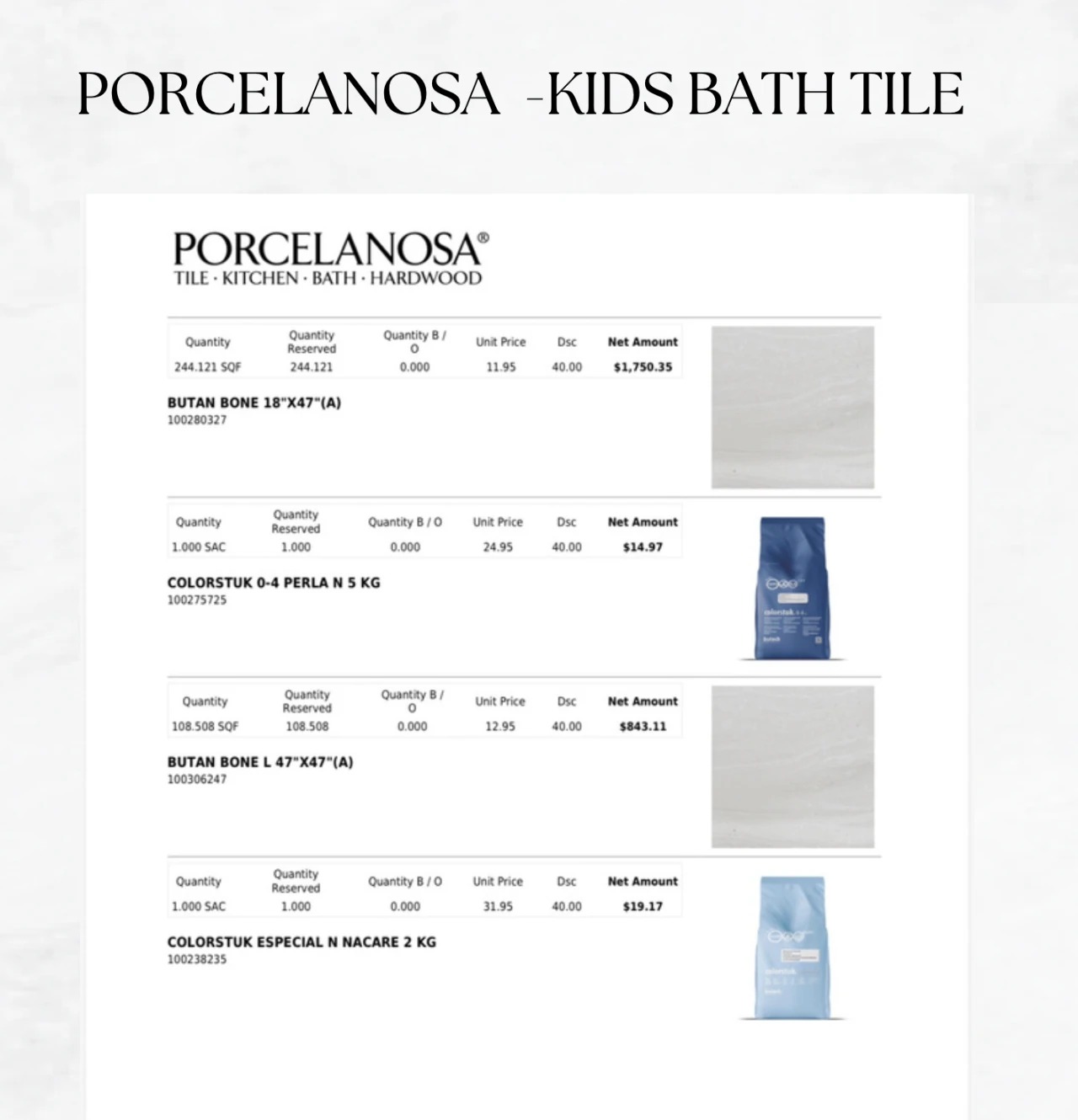 A supplier tile quote PDF with line items, quantities, and net amounts