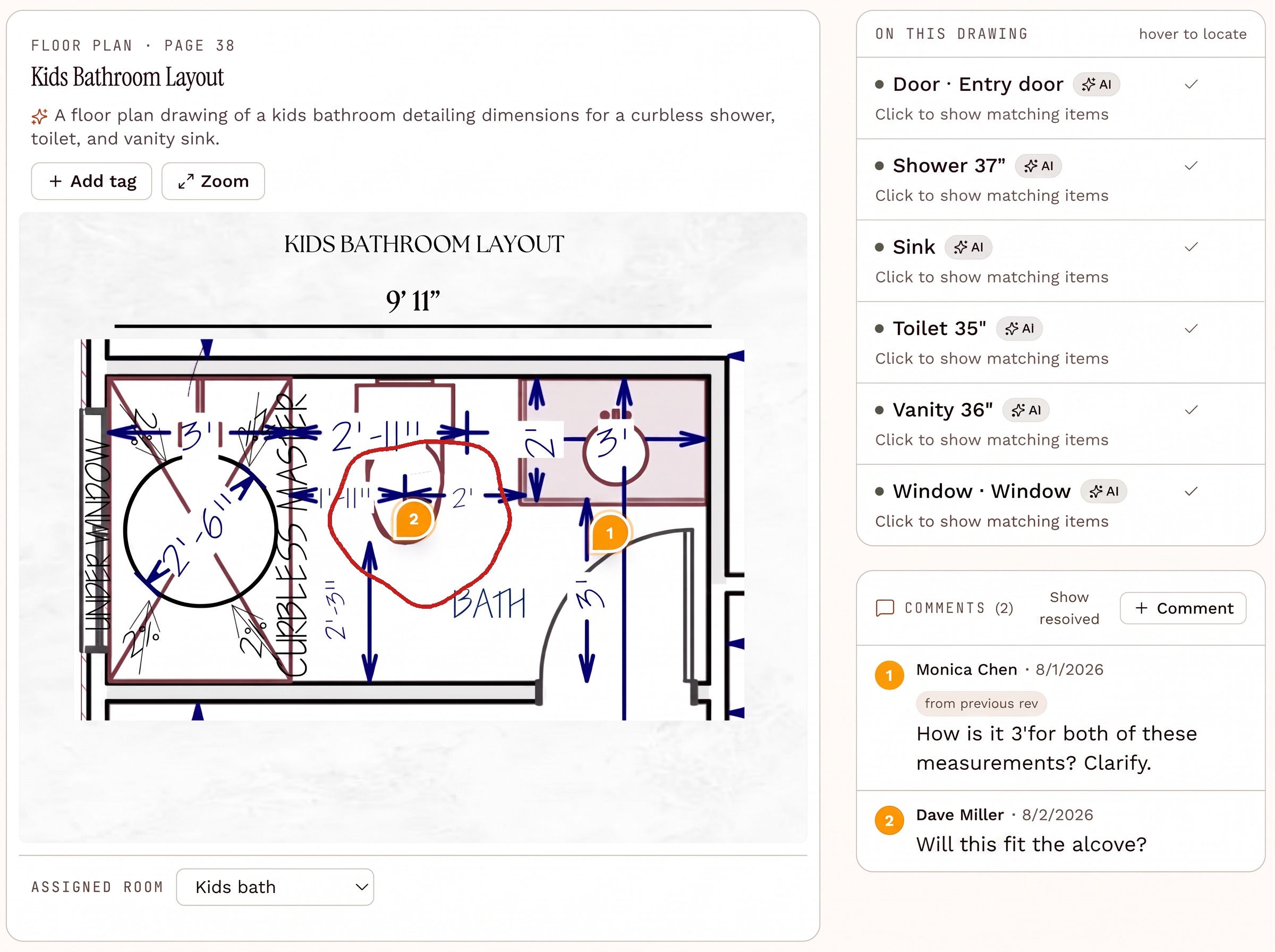 A kids bathroom floor plan in RenoStudio with detected fixtures listed on the right and threaded comments from Monica and Dave pinned to the plan